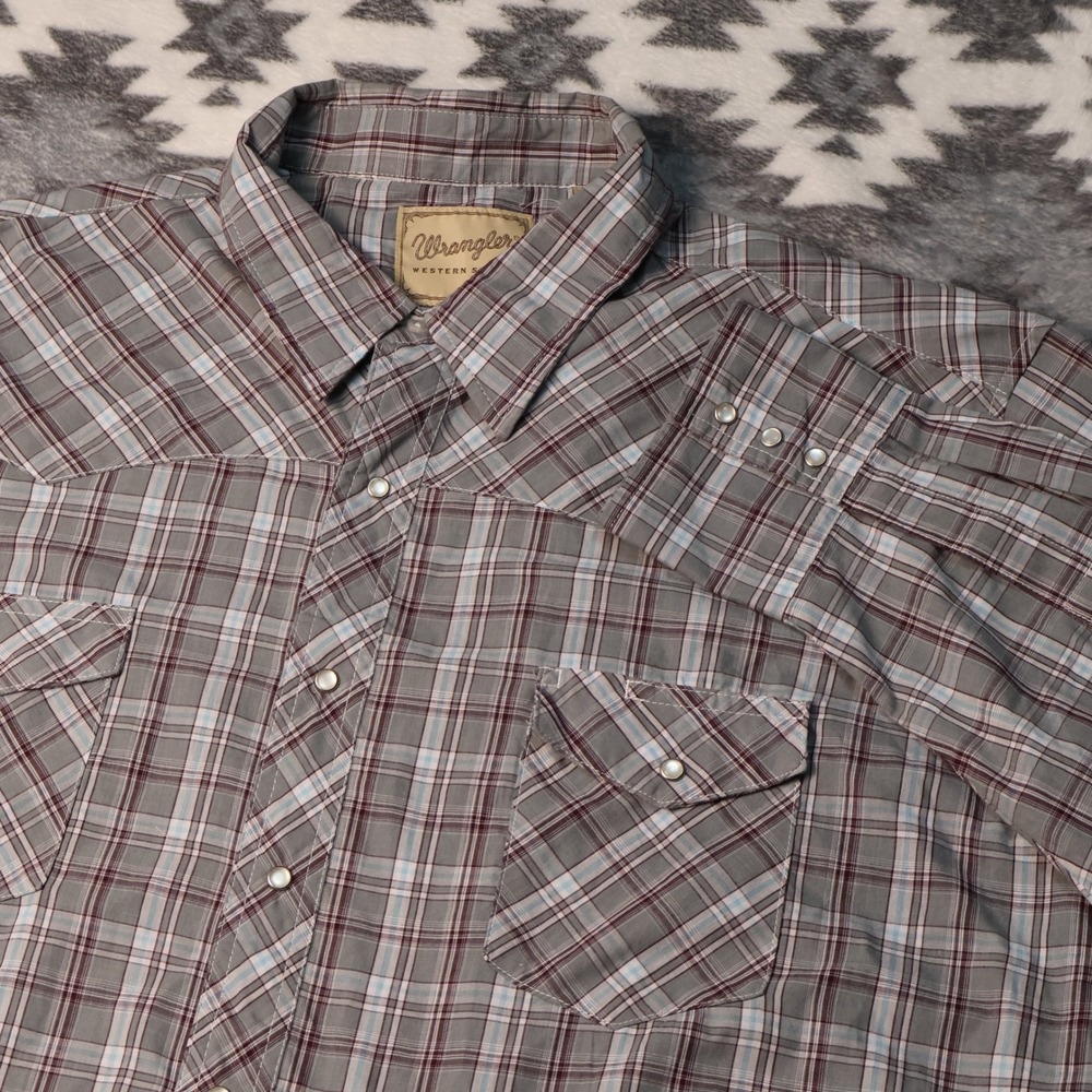 Wrangler Western Shirt Grey Burgundy Plaid Pearl Snap 3XL Cowboy Rodeo